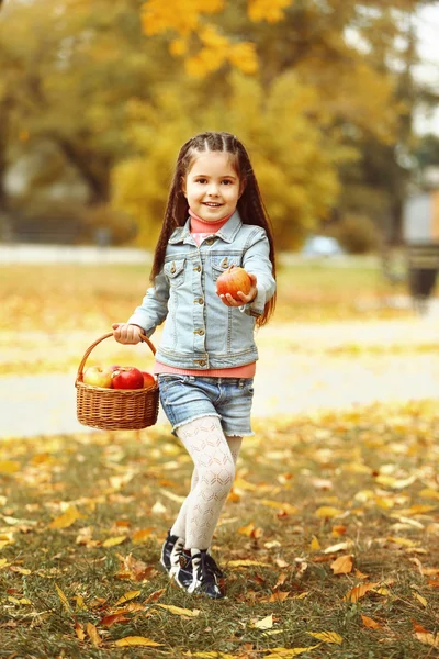 Gadis kecil yang cantik memegang keranjang apel, luar ruangan — Stok Foto
