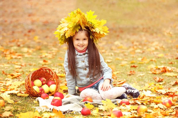 Piękna dziewczynka z koszykiem jabłek siedzi na pled, odkryty — Zdjęcie stockowe