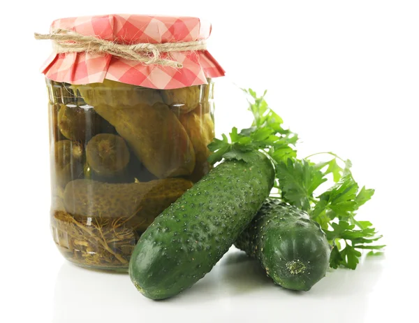 Jar of canned cucumbers isolated on white Stock Photo
