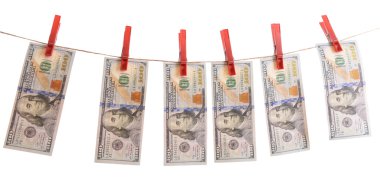 Kara para aklama - kavram dolar beyaz arka plan üzerinde izole kablosu üzerinde kurutma