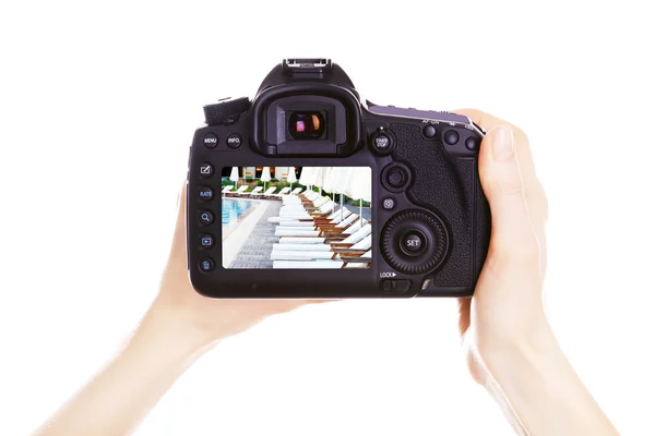 Fotograaf met camera op het werk — Stockfoto