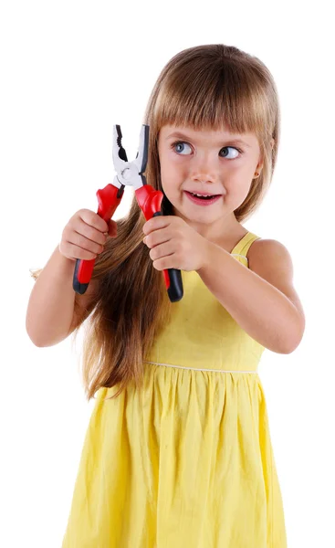 Meisje met speelgoed tools — Stockfoto