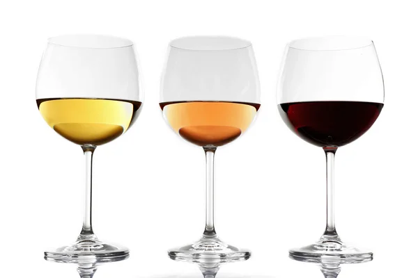 Glasses with white, rose and red wine isolated on white background — Stock Photo, Image