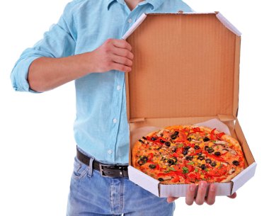 servis elemanı üzerinde beyaz izole karton pizza kutusu
