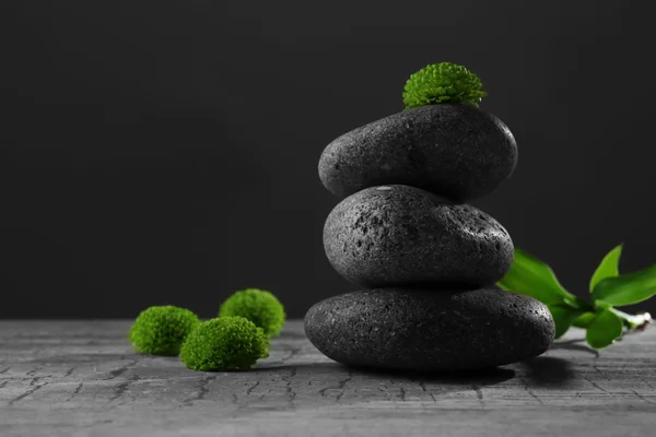 Černá wellness kameny a zelené květiny, na tmavě šedém pozadí — Stock fotografie