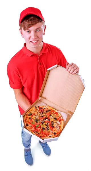 Entrega menino com caixa de pizza de papelão isolado em branco — Fotografia de Stock