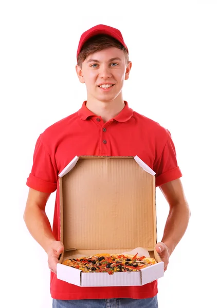 Хлопчик-доставка з картонною коробкою для піци ізольовано на білому — стокове фото