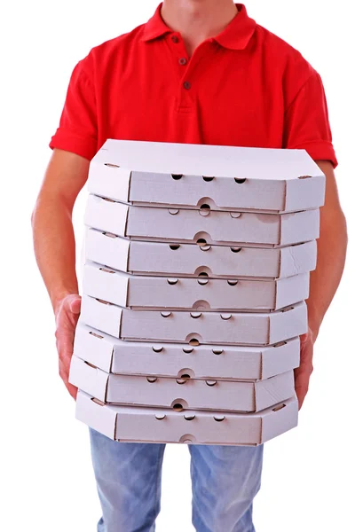 Bezorger met kartonnen pizzadozen geïsoleerd op wit — Stockfoto