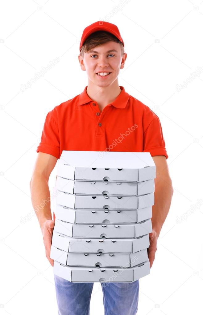 Delivery boy with pizza boxes