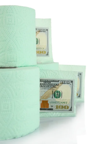 Rollos verdes claros de papel higiénico y billetes en dólares —  Fotos de Stock
