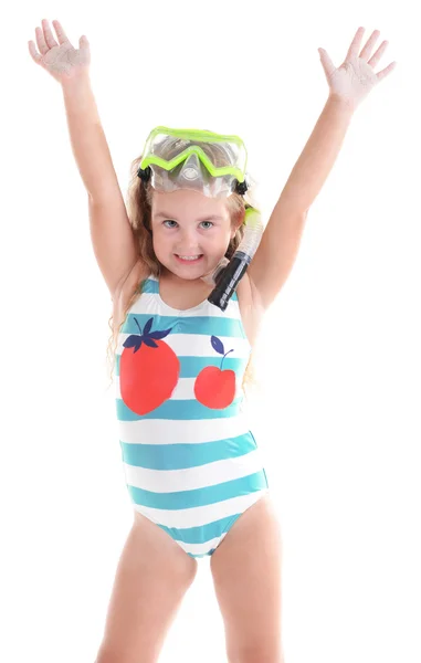 Glückliches kleines Mädchen im blauen Badeanzug — Stockfoto