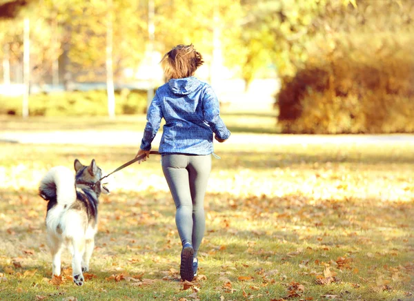 Frau joggt mit Hund im Park — Stockfoto