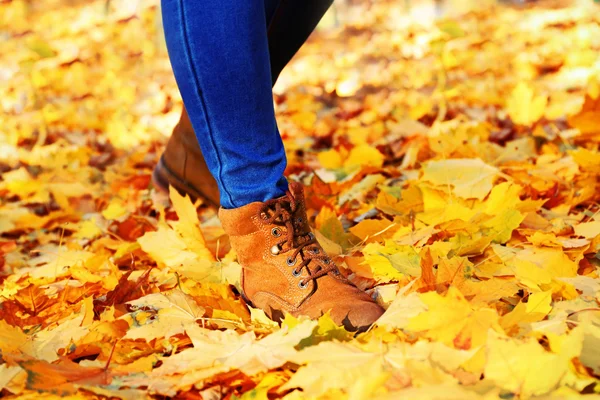 Patas femeninas en botas sobre hojas de otoño —  Fotos de Stock