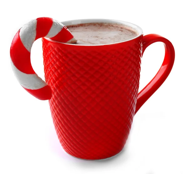 Una taza roja de cacao y dulces de Navidad, aislados en blanco —  Fotos de Stock