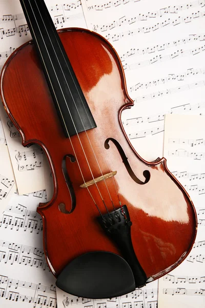 Cuello de violín sobre papeles musicales — Foto de Stock