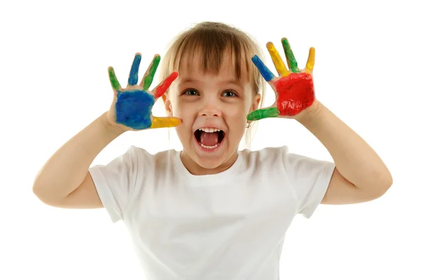 Little girl with hands in paint — Stock Photo, Image