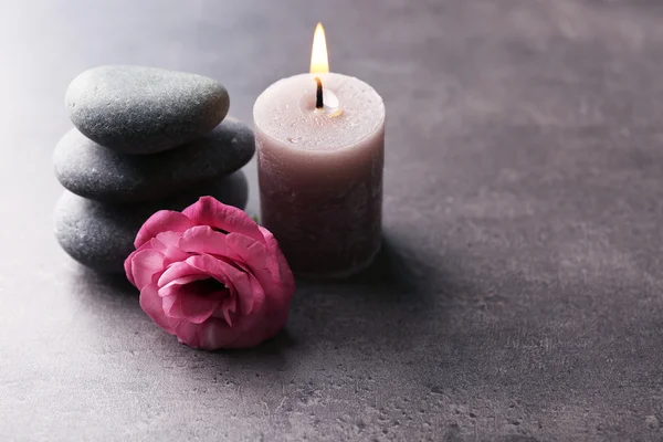 Duftkerze mit Kieseln und Blume auf grauem Hintergrund — Stockfoto