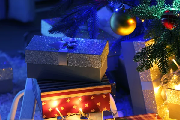 Christmas presents under the Christmas  tree closeup — Stock Photo, Image