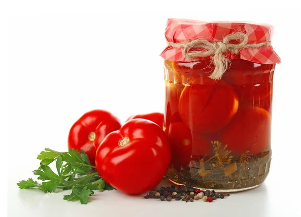 Pot van Ingeblikte tomaten geïsoleerd op wit — Stockfoto