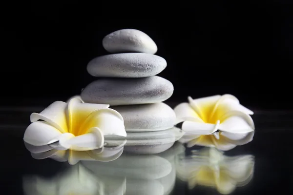 Composición de plumeria flores y guijarros pila sobre fondo negro — Foto de Stock