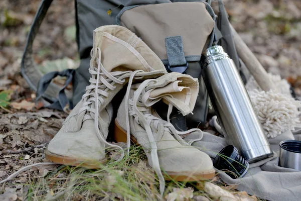 Tourist equipment in forest — Stock Photo, Image