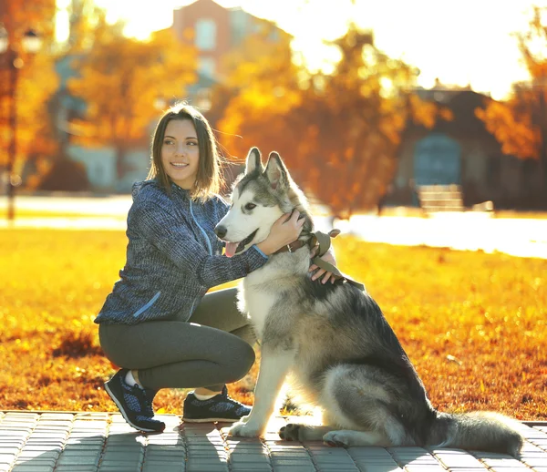 공원에서 개와 함께 걷고 있는 여자 — 스톡 사진