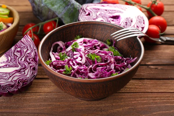 Red cabbage salad served in bowl closeup — Stock Photo, Image