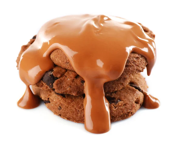 Chocolate vertido en una galleta aislada sobre blanco —  Fotos de Stock