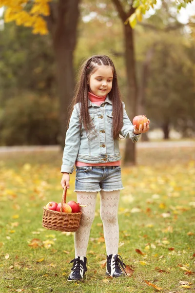 Gadis memegang keranjang apel. — Stok Foto