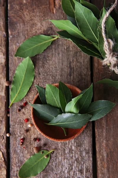 Fresh bay leaves in bowl — Stock Photo, Image