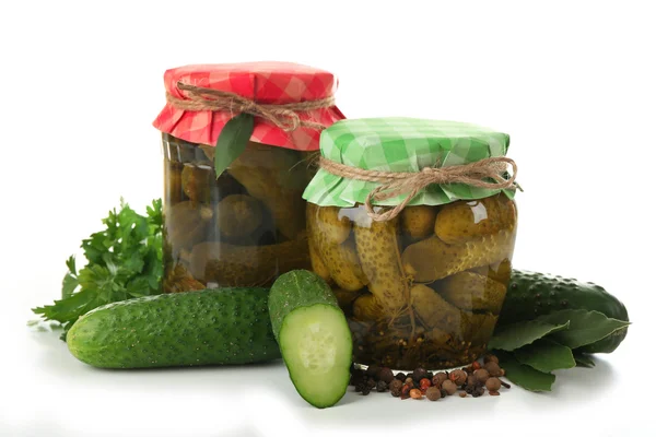 Jars of canned cucumbers isolated on white — Stock Photo, Image