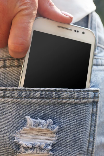 Hand zet witte slimme mobiele telefoon — Stockfoto