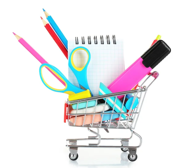 Stationery objects in mini supermarket cart — Stock Photo, Image