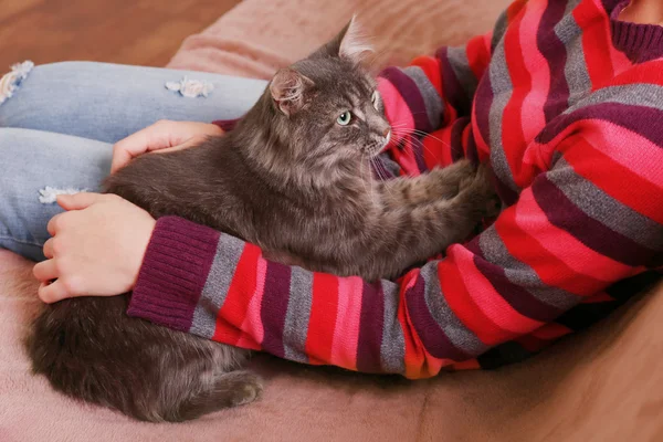 Katze schläft auf Sofa neben Frau — Stockfoto