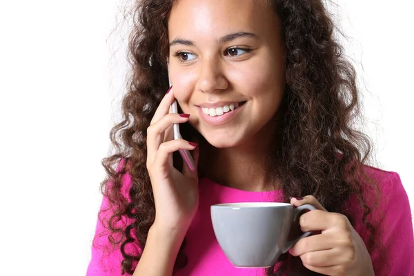 Mujer hablando por teléfono celular con café —  Fotos de Stock