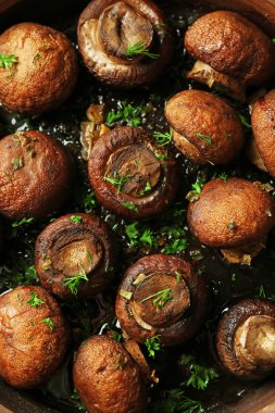 Tereyağı, maydanoz ve kavrulmuş sarımsak kahverengi kase pişmiş petrol mantar