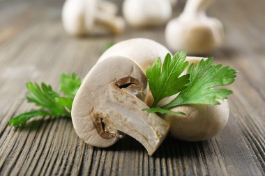 Champignon mantar ve gri ahşap zemin üzerine maydanoz