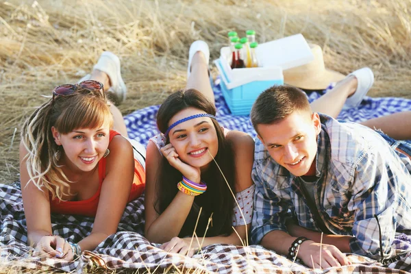 Happy Smiling Friends Lying Grass Outdoors — Stock Photo, Image