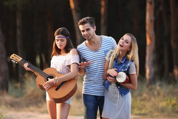 Carefree Friends Guitar Drum Outdoors — Stock Photo, Image