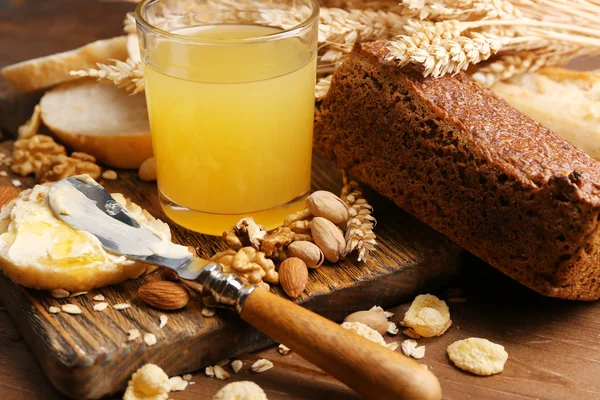 Healthy breakfast with bread, honey, nuts. Country breakfast concept — Stock Photo, Image