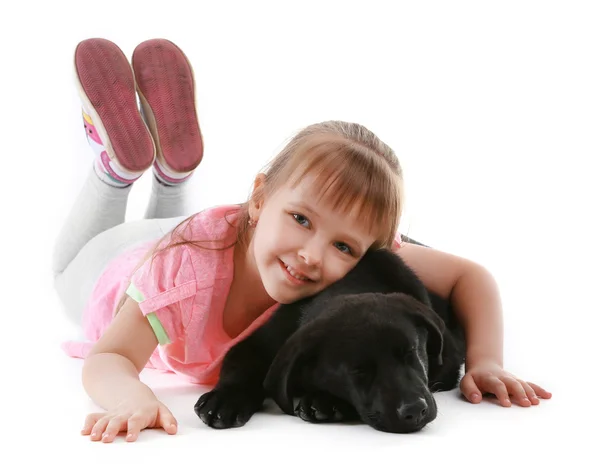 Linda chica con cachorro — Foto de Stock