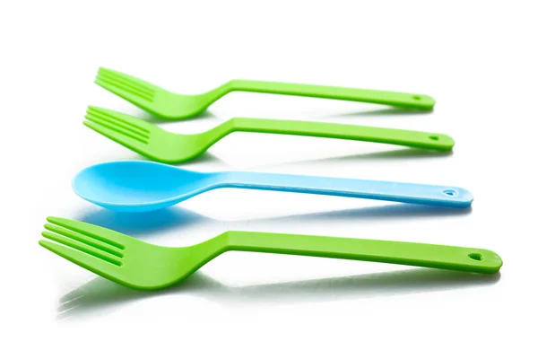 Forchette colorate monouso e cucchiaio — Foto Stock