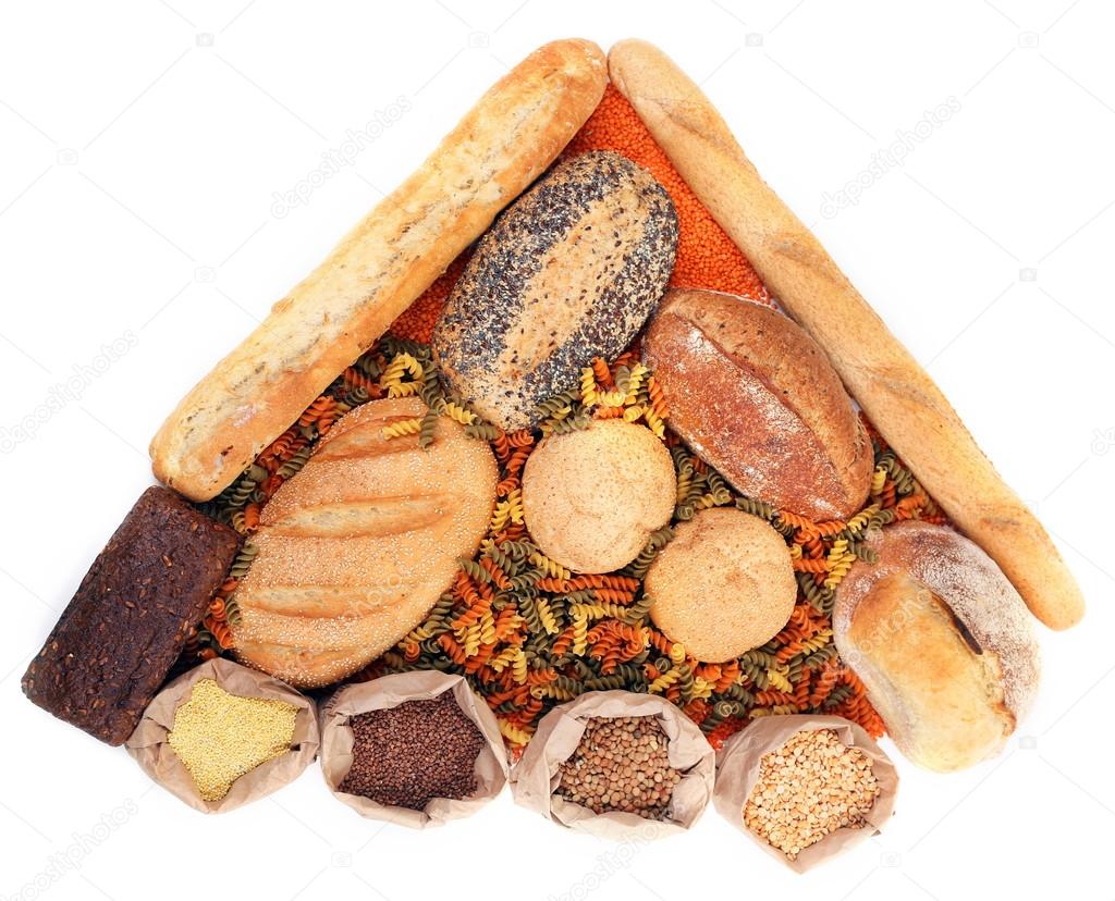 Different types of bread, pasta and cereal Stock Photo by ©belchonock