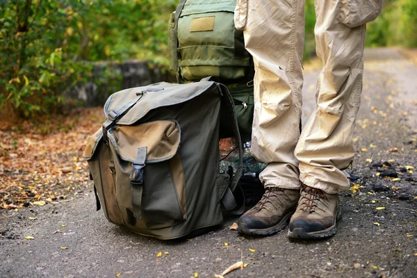 Tourist on road near forest — Stock Photo, Image