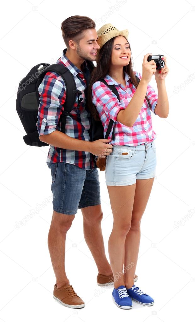 pair of happy tourists