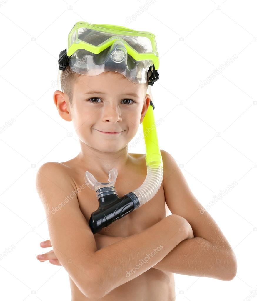 Happy boy with yellow diving mask