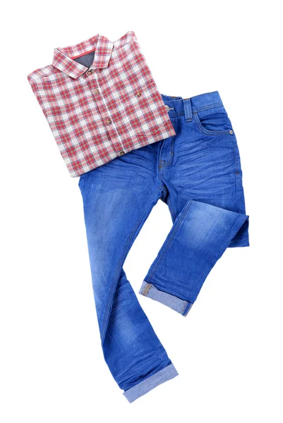 Blaue Jeans mit rotem Karohemd — Stockfoto