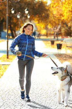 kadın parkta onu köpek ile jogging