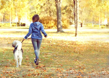 kadın parkta onu köpek ile jogging