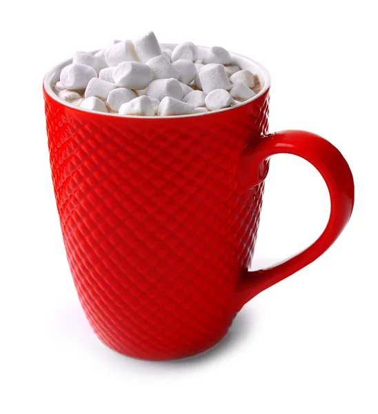 A red cup of cocoa and marshmallow, isolated on white — Stock Photo, Image